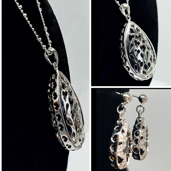 Silver-Tone Teardrop Obsidian Stone Encased Crystal Pendant & Matching Earrings - Picture 6 of 9